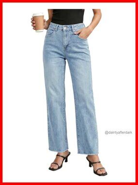 High Waisted Straight Leg Jeans Raw Hem Stretchy Denim Pants